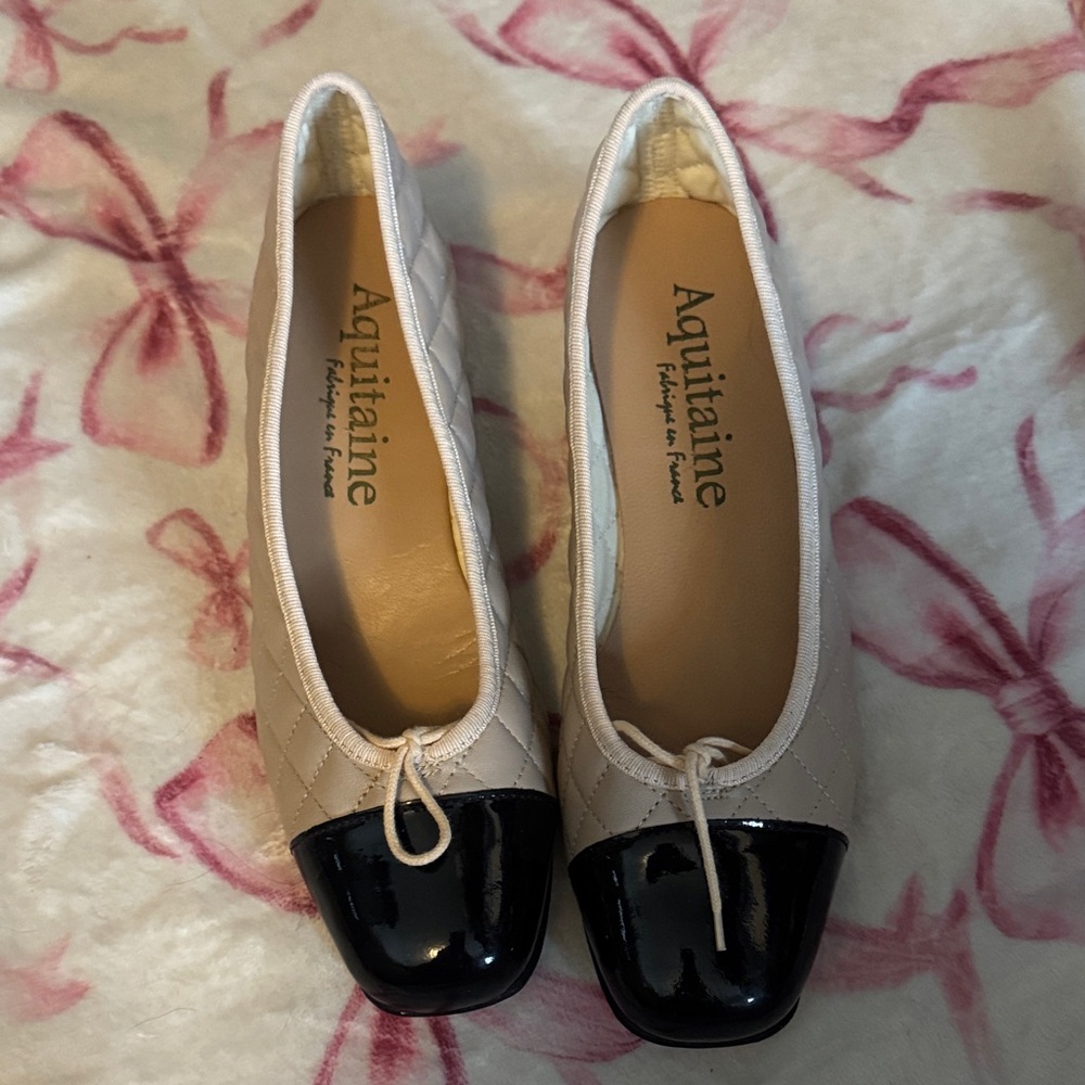 Cream Quilted Ballet Flats with Black Patent Toe Cap made in France leather